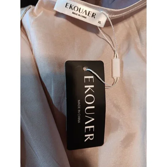 Ekouaer Women's XL Short Kimono Robe Satin Open Front Belt Tie Champagne NWT - Picture 4 of 5